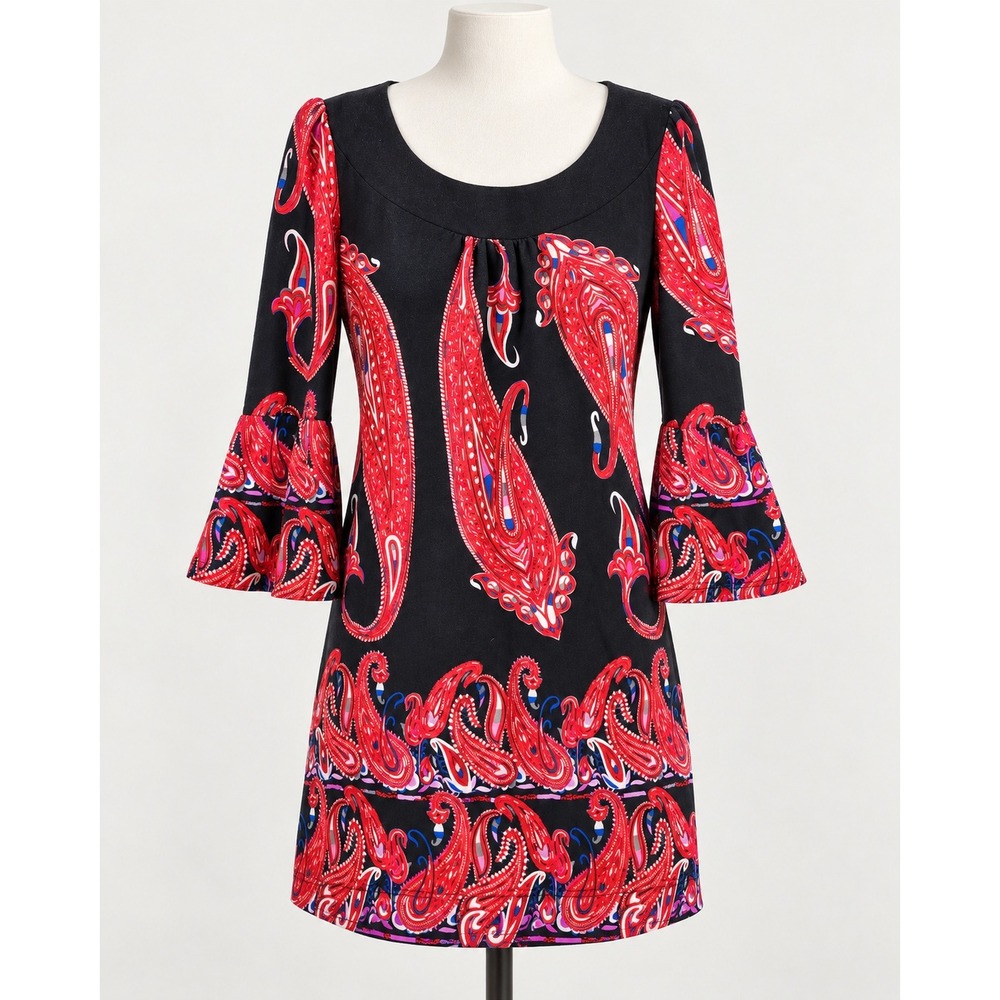 Aryeh Black Red Paisley Bell Sleeve Shift Dress Womens Medium Mini Scoop Neck